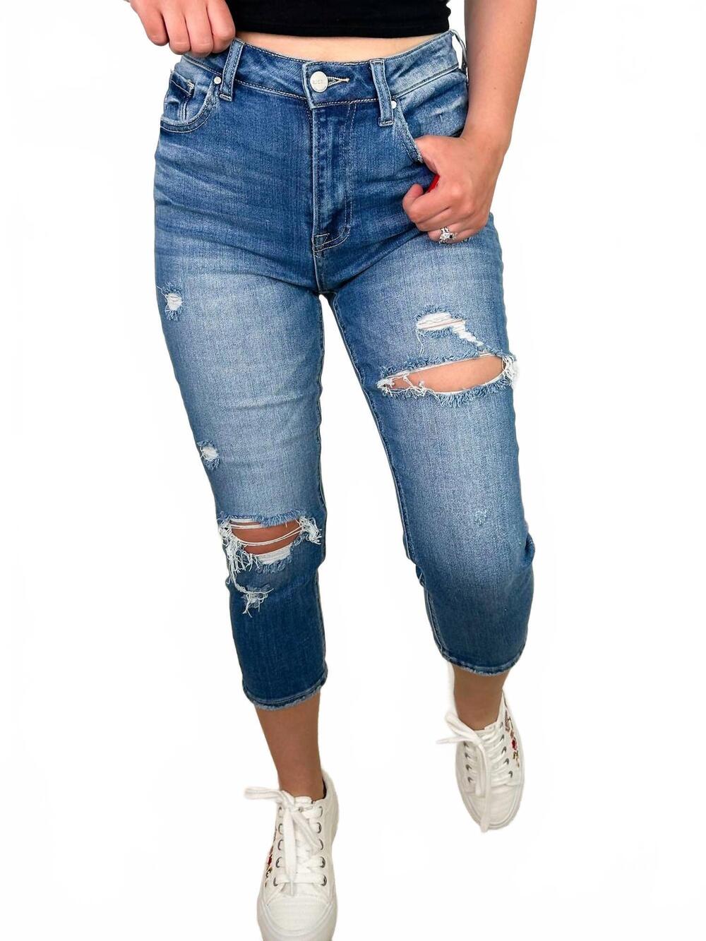 NEW RISEN kaia high-rise capris jean in medium wash denim
